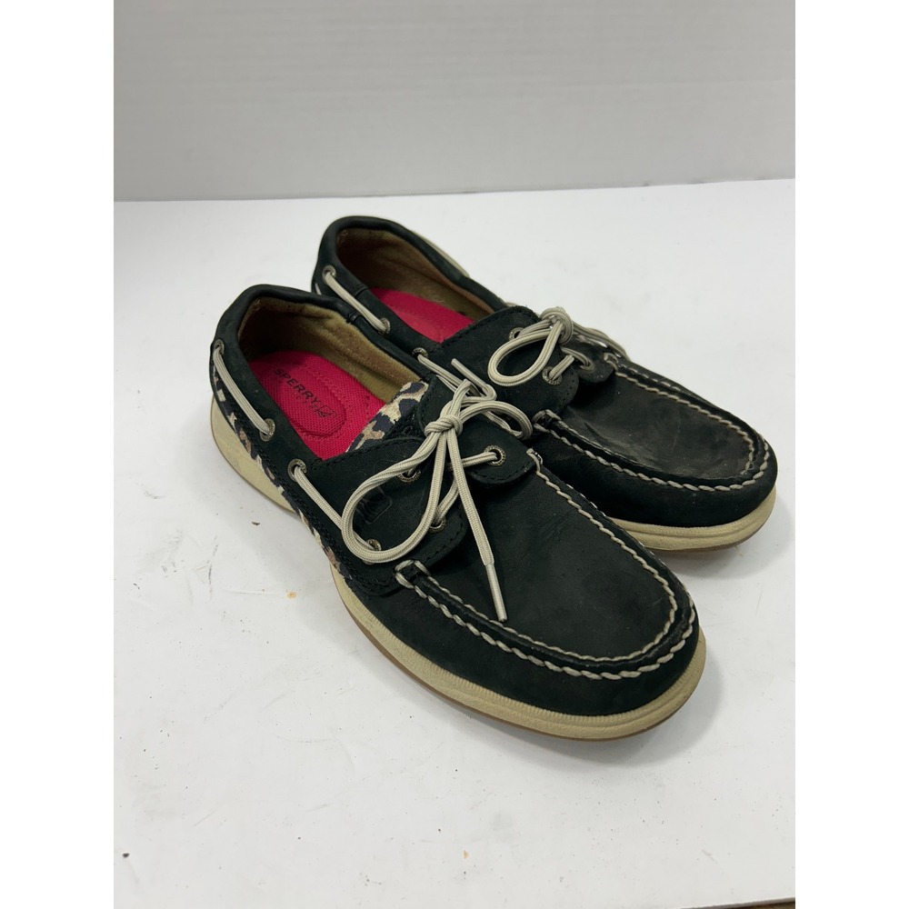 Sperry Leopard Boat Shoes 6M Black Leather Animal Print Nautical Preppy Coastal
